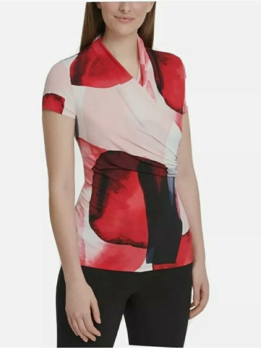 DKNY Abstract Print Faux Wrap Short Sleeve Top Women’s Large Red Pink Stretch